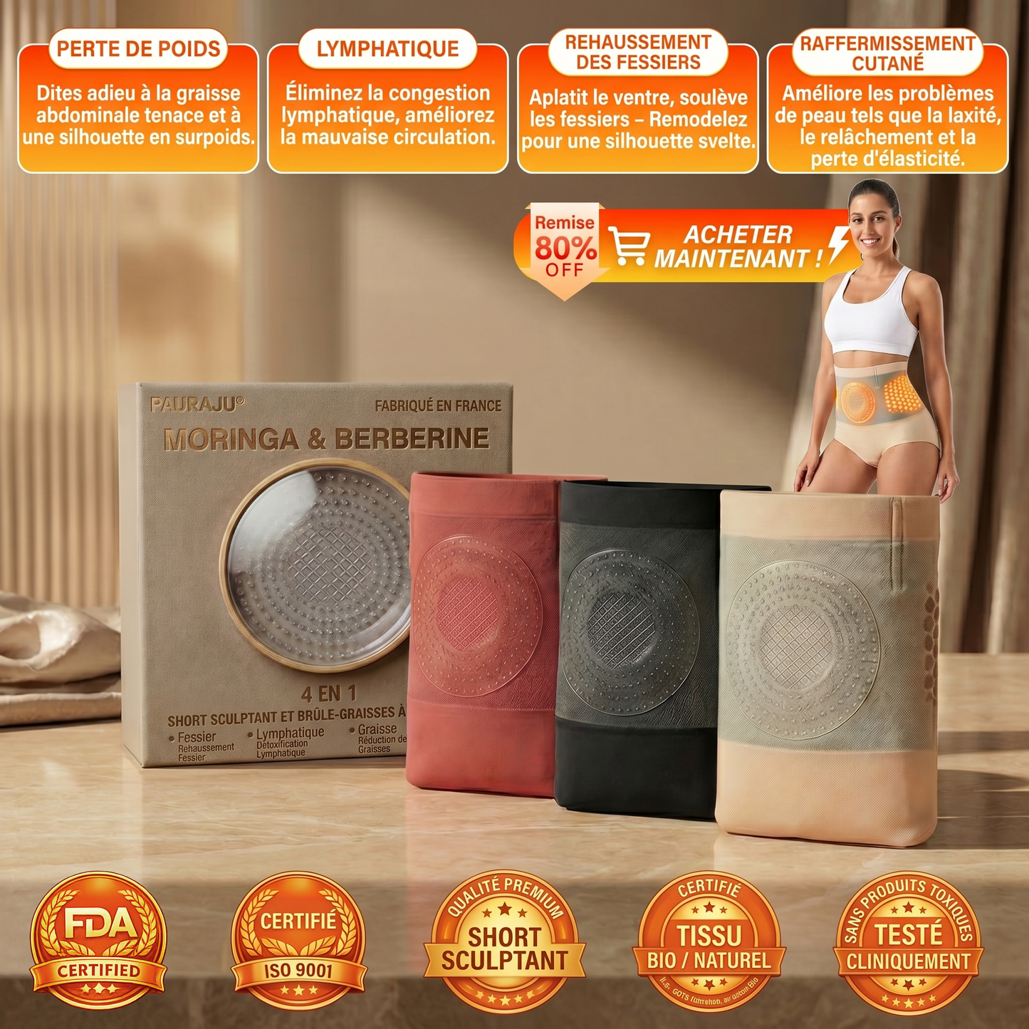 𝐏𝐀𝐔𝐑𝐀𝐉𝐔® 2026 Short Sculptant & Brûle-Graisses 4-en-1 aux Micro-Particules de Moringa & Berbérine