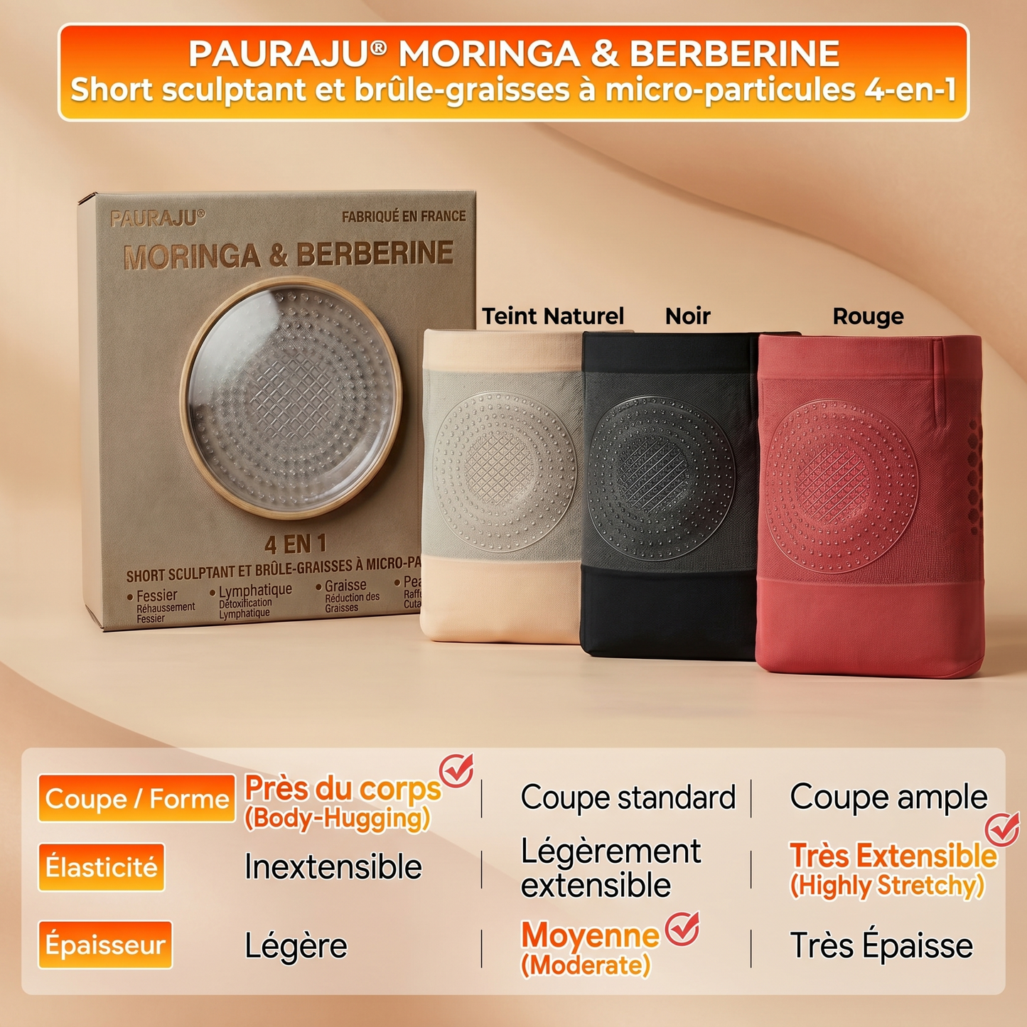 𝐏𝐀𝐔𝐑𝐀𝐉𝐔® 2026 Short Sculptant & Brûle-Graisses 4-en-1 aux Micro-Particules de Moringa & Berbérine