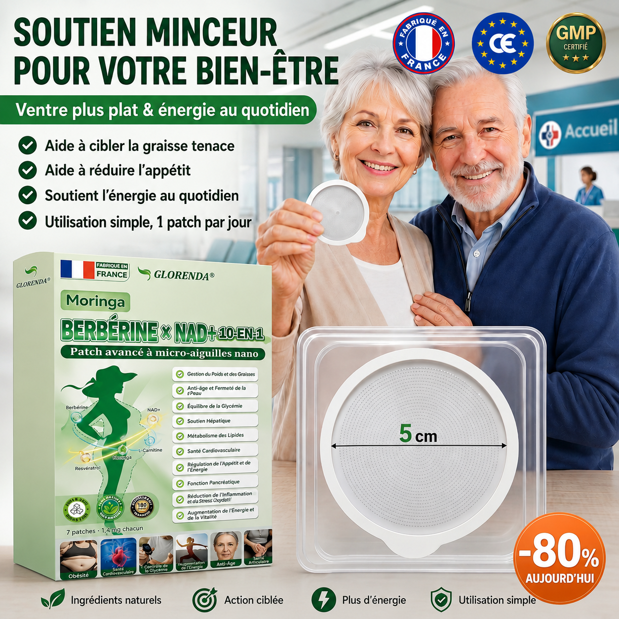GLORENDA® | Moringa, Berbérine & NAD+ | Patch transdermique 10-en-1 à micro-aiguilles | Soutien du métabolisme