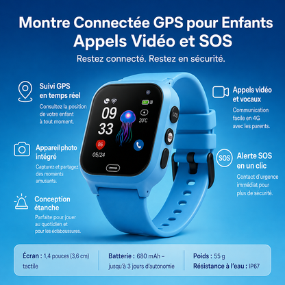Montre Connectée Enfant 4G avec GPS en Temps Réel | Appel Vidéo et Caméra | Bouton SOS | Résistance à l’Eau IP67