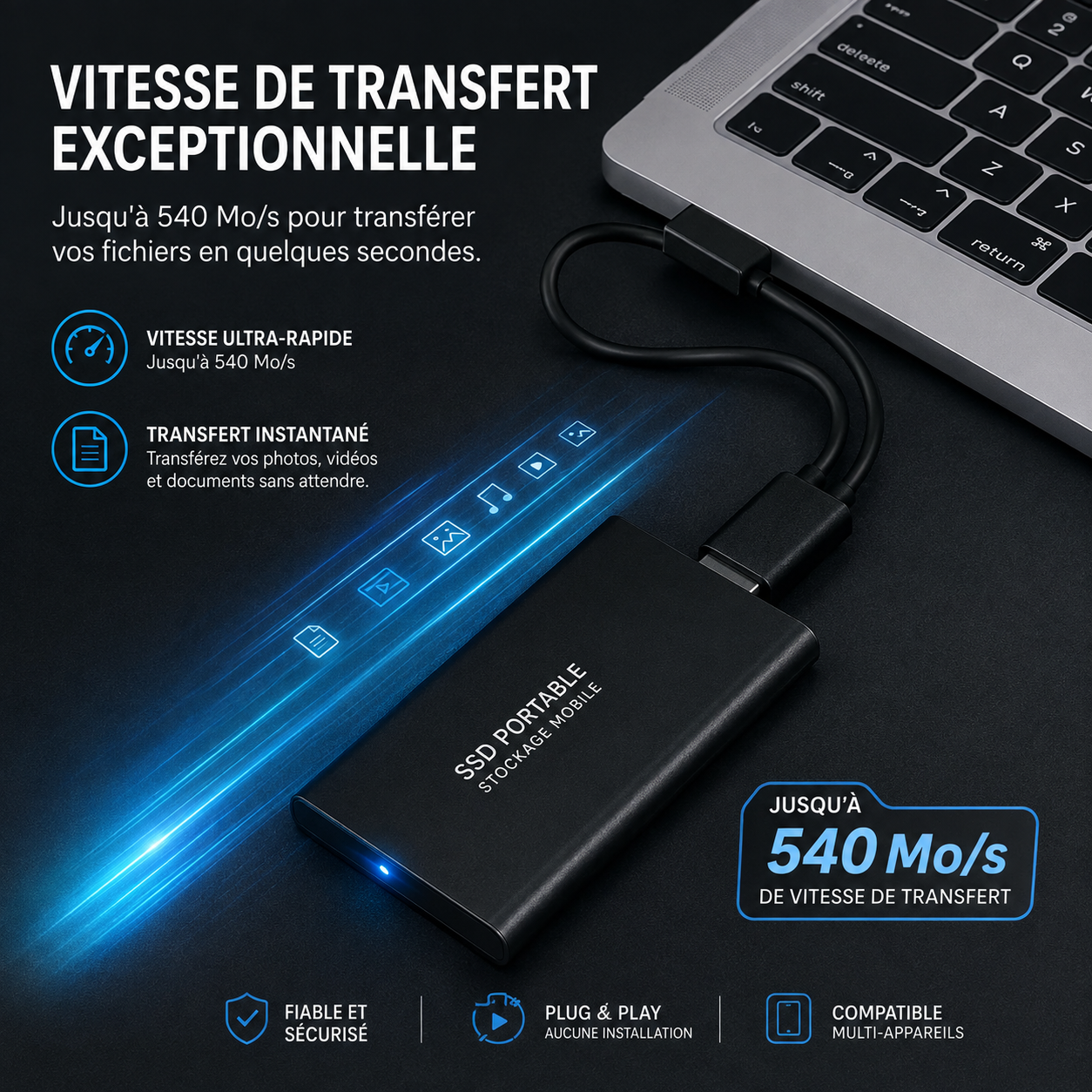SSD Externe 128 Go USB 3.1 et USB-C | Jusqu’à 540 Mo/s | Boîtier Aluminium Compact pour Windows, macOS et Android