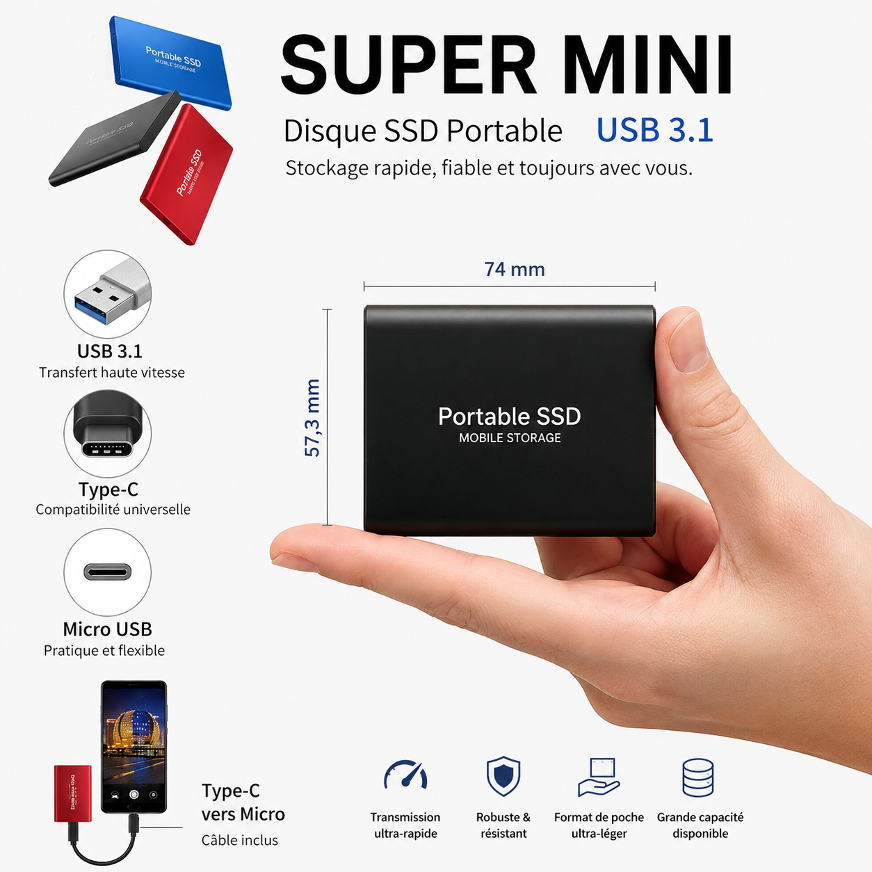 SSD Externe 128 Go USB 3.1 et USB-C | Jusqu’à 540 Mo/s | Boîtier Aluminium Compact pour Windows, macOS et Android