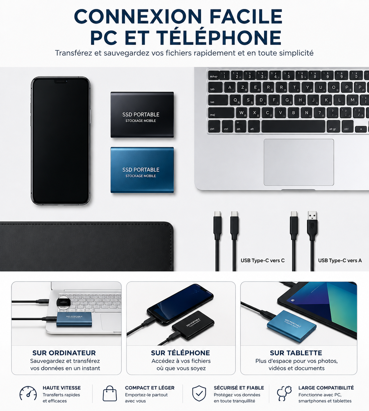 SSD Externe 128 Go USB 3.1 et USB-C | Jusqu’à 540 Mo/s | Boîtier Aluminium Compact pour Windows, macOS et Android