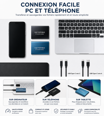 SSD Externe 128 Go USB 3.1 et USB-C | Jusqu’à 540 Mo/s | Boîtier Aluminium Compact pour Windows, macOS et Android