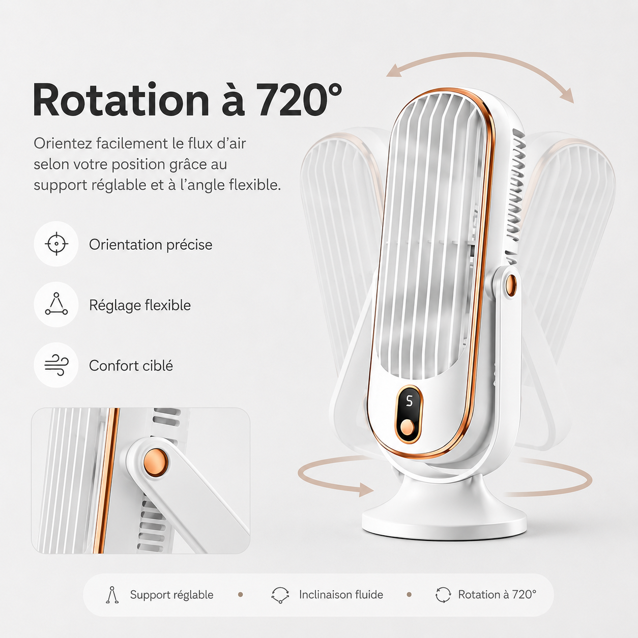 Ventilateur de Bureau Rechargeable | Double Moteur, Rotation 720 Degrés | Ventilateur Pour Bureau Ultra Silencieux 4