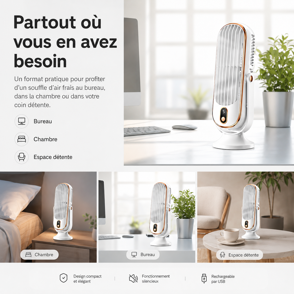 Ventilateur de Bureau Rechargeable | Double Moteur, Rotation 720 Degrés | Ventilateur Pour Bureau Ultra Silencieux 6